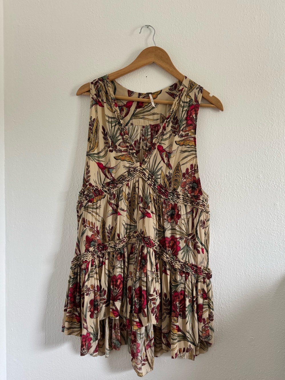 Free People Floral Tiered Sleeveless Dress in Cream and Burgundy